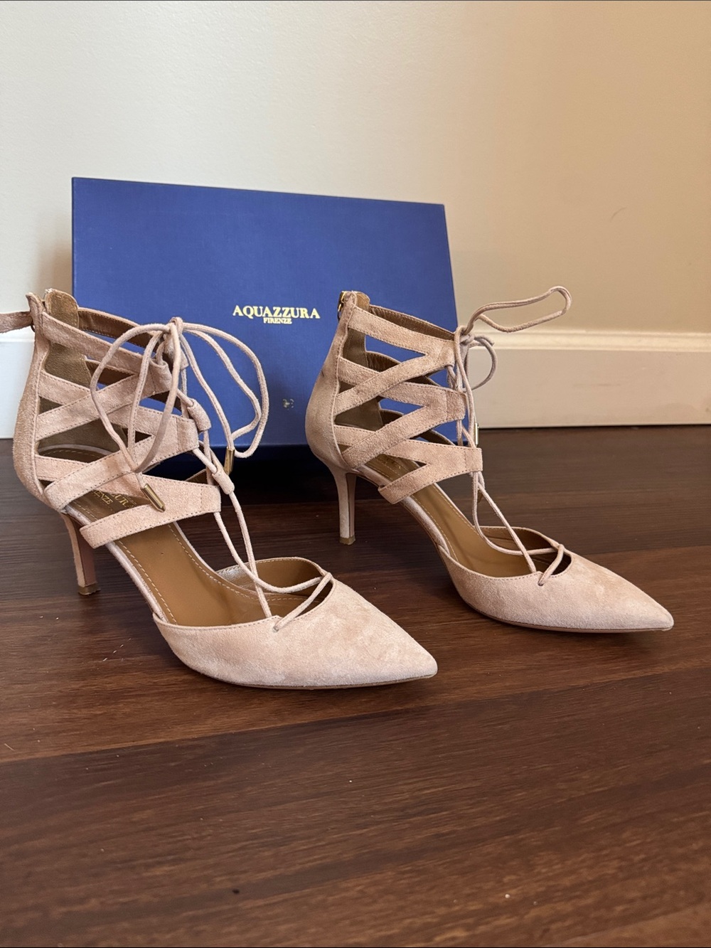 AQUAZZURA Belgravia 75 Suede Lace Up Pump in Vintage Pink Pointed Toe Size 38(8)